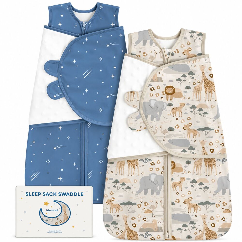 2-Pack Cotton Swaddle Sleep Sacks 0-3M 1.5 TOG Apricot Blue Elephant